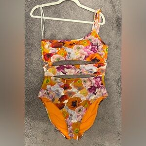 Aerie Floral One Shoulder Cutout Swimsuit- Full Coevrage